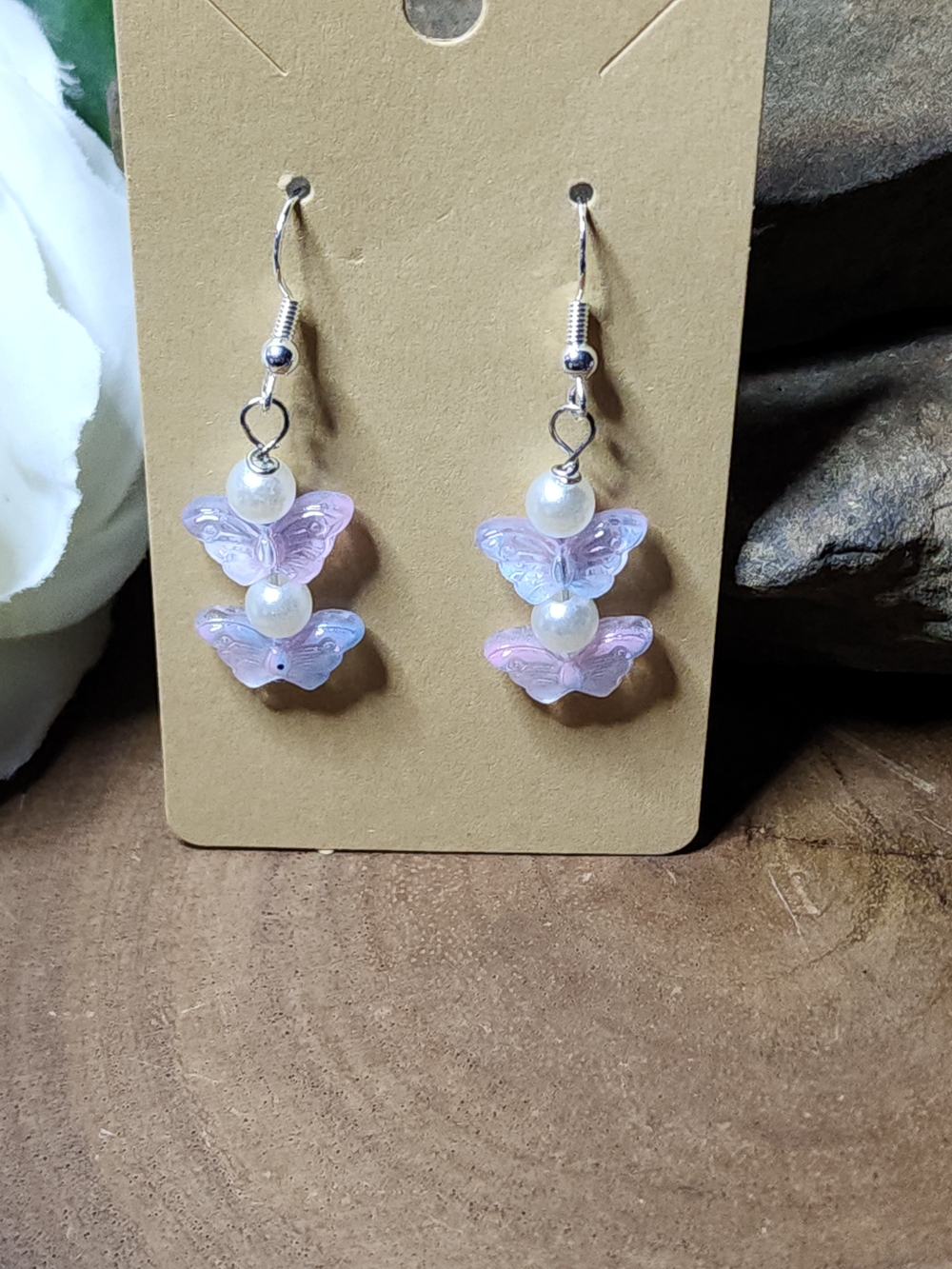 Hand Crafted Lavender & Faux Pearl Butterfly Dangle Earrings
